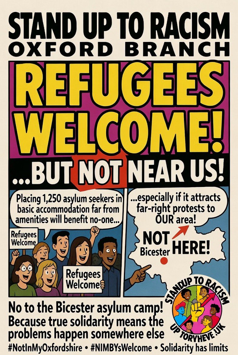 WasAcop's tweet photo. 🚨 Oxford Stand Up To Racism has launched a petition against housing 1,250 asylum seekers near Bicester.

Their official reason?

“It’ll turn the area into a target for far-right protests.”

So let me get this straight…

They’re standing up to racism by making sure the racists protest somewhere else?

Peak activism. 10/10.

“Refugees welcome!” (terms and conditions apply, postcode restrictions may vary) 😂🏠🚫

#NotInMyBackyard #RefugeesWelcomeButNotHere #StandUpToRacismExceptWhenInconvenient