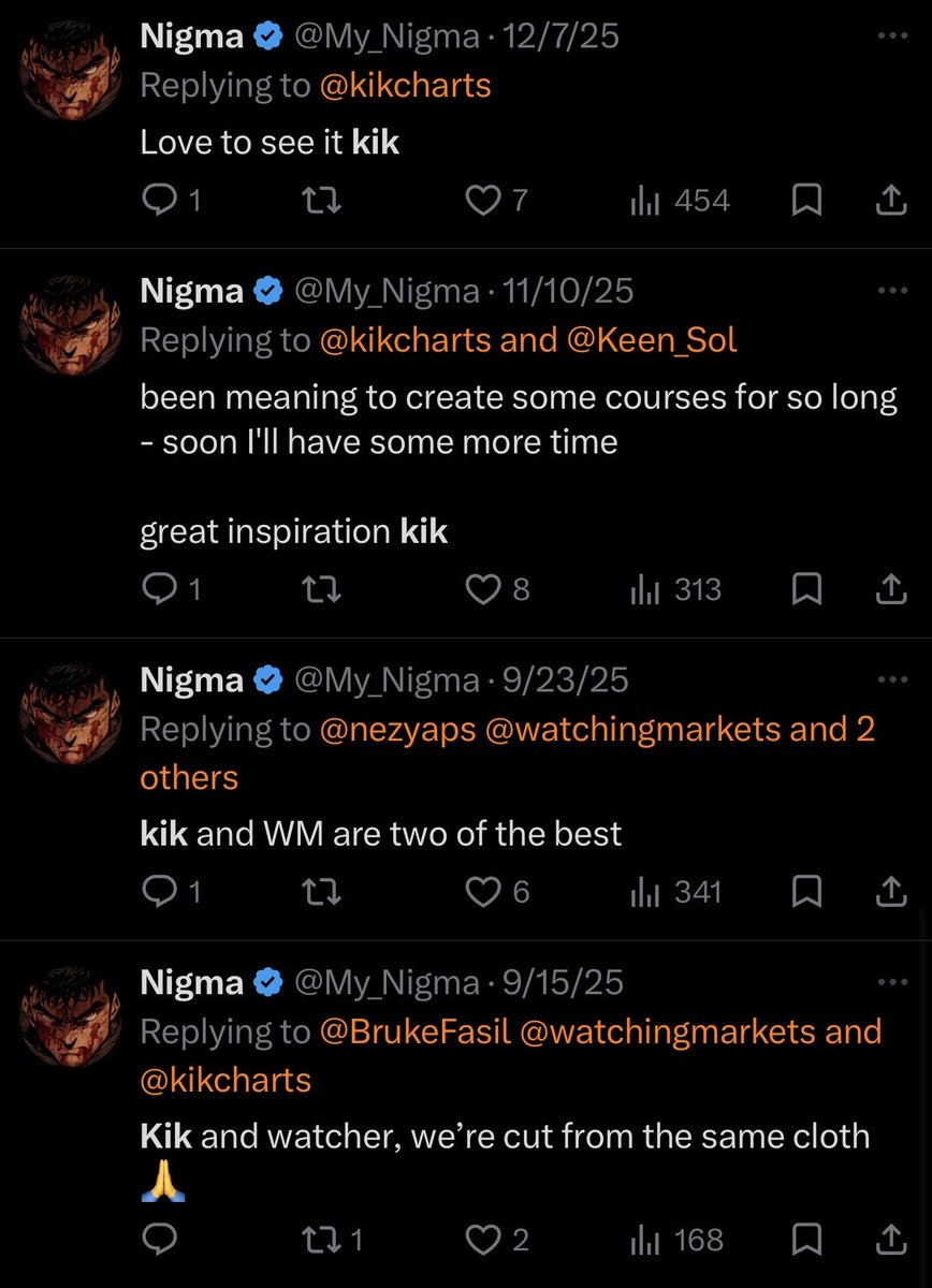 nezyaps's tweet photo. Unfortunate to see @My_Nigma now hating on @kikcharts after glazing him for over a year.

This nigga is 40, btw. Completely unhappy in life and dedicating real time to this, lol. 

Has no motion. Got kicked from every chat. Nobody fucks with him. Now trying his best to find relevance. 

This washed ass bum got his MindGains badge taken away and been on a crashout since. Never once responded to me thoroughly bombing on his bitch ass and now picking on a dude who logs on to post chart setups for the love of the game, trying to help others make money in doing so. Just a big lonely sad piece of shit somewhere in Australia with only a cat to fuck and absolutely no bitches. Taking his sexual frustrations out on niggas online because he ain’t got shit else to live for. 

You’re a giant pussy, Nigma. You wouldn’t dare show your face online. You know that as a teacher your whole career would get fucking fried with the amount of times you’ve freely said the hard R. Now you want to censor yourself after I called you out on it. Completely bitchmade. 

Find purpose, find God, and heal. 

Now back to regularly scheduled programming.
