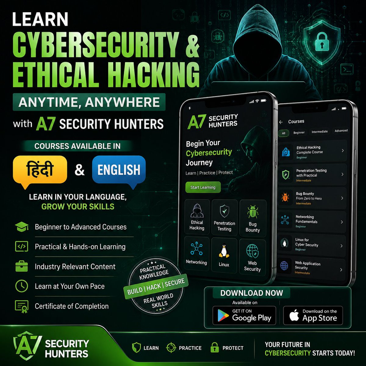 A7SecHunters's tweet photo. 🚀 Learn #Cybersecurity &amp; #EthicalHacking with the A7 Security Hunters app. 📱

✅ Hindi &amp; English ✅ Beginner to Advanced ✅ Android &amp; iPhone

Download from your device's official app store and start learning today!

#CyberSecurity #InfoSec #A7SecurityHunters https://t.co/6QRKW0sCAL