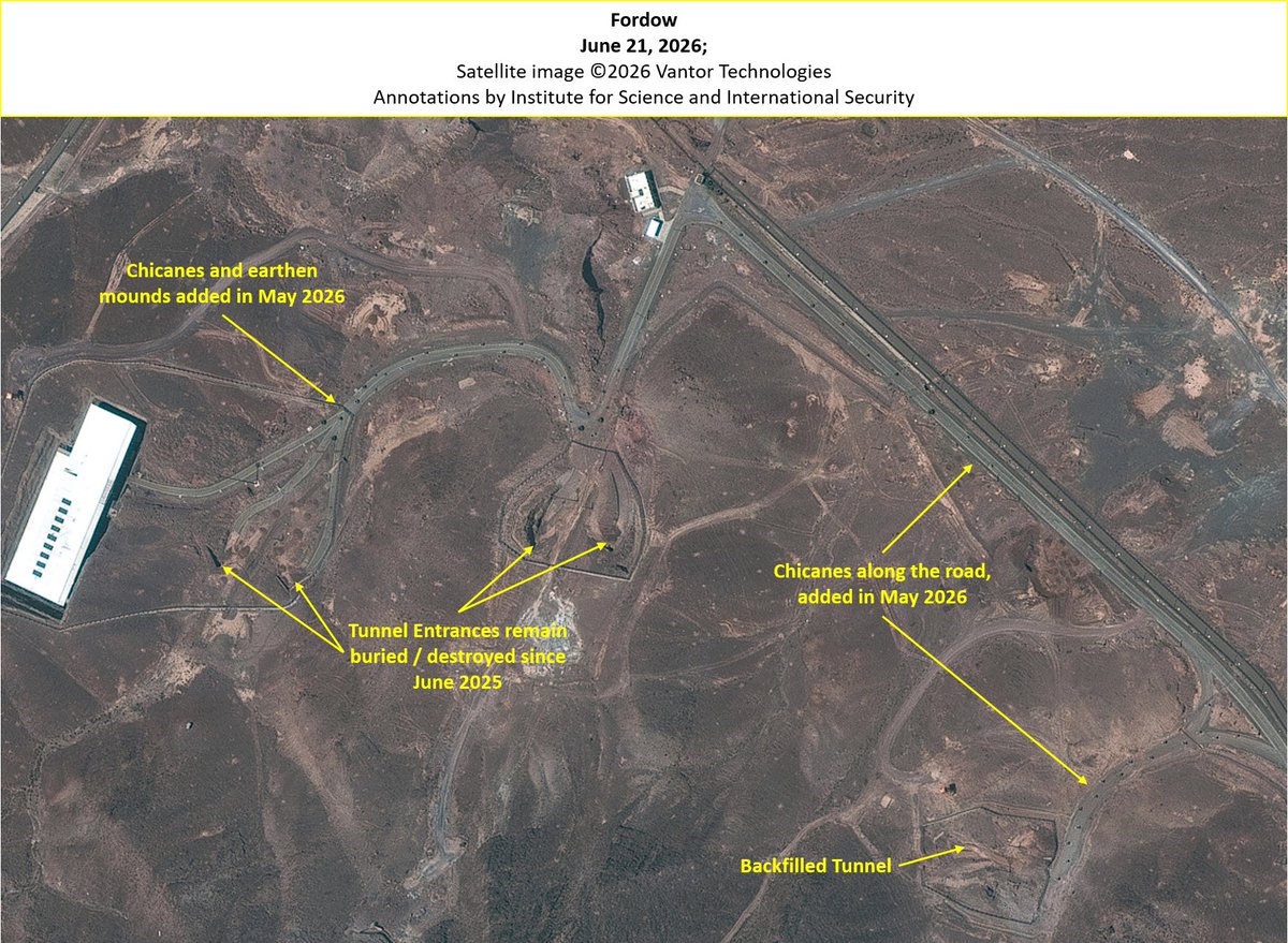 TheGoodISIS's tweet photo. Recent satellite imagery from late June 2026, of the Natanz Nuclear Complex and the nearby Pickaxe Mountain facility, Fordow, and Esfahan, were provided to the Institute by @vantortech. 

At Natanz, little activity can be seen. The access points to the below ground enrichment halls have not been repaired. The personnel entrances remain destroyed and vehicle entrances remain severely damaged. A single vehicle can be seen on the road outside of the Pilot Fuel Enrichment Plant (PFEP), which was destroyed in June 2025, but was covered by Iran after.  The HVAC chillers remain displaced throughout the complex and the primary and backup power systems remain destroyed. 

At Pickaxe Mountain, vehicle activity can be seen on the roads leading to the open set of Western tunnel portals, indicating that construction inside the tunnel complex, as well hardening of the tunnel entrance, are ongoing. The MOU signed between the United States and Iran requires that Iran maintain the status quo which should prohibit construction at any nuclear related facility, including Pickaxe Mountain.  As first reported by the Institute in early May (see: https://t.co/nTs0oIiUYY ), the Eastern set of tunnel portals remain partially backfilled with dirt, making them inaccessible to ground vehicles. This was likely done to prevent rapid ingress and egress to the tunnel entrances.  

At Fordow, as earlier reported by the Institute, between May 10 and May 18th, Iran added passive defensive measures in the form of earthen/rocky mounds and other objects on the roads leading to the tunnel entrances. The alternate placings of the piles/objects are very precise, which creates a series of chicanes, indicating they are not intended as obstructions, but rather to prevent rapid ingress and egress by any vehicle towards the tunnels. The June 21 Vantor image shows that the objects along the road remain there. The tunnel portals also remain backfilled with dirt.

As of June 29, 2026, there is no observed activity at Esfahan. The tunnel portals remain backfilled with dirt. 

The Institute will continue to monitor these sites for any developments. 

Read more about the recent activity at the sites here:  https://t.co/1oer7whmPu,  and here: https://t.co/33GqYDyXBd  

Analysis by @DAVIDHALBRIGHT1, @SarahBurkhard, and @SFnuclear