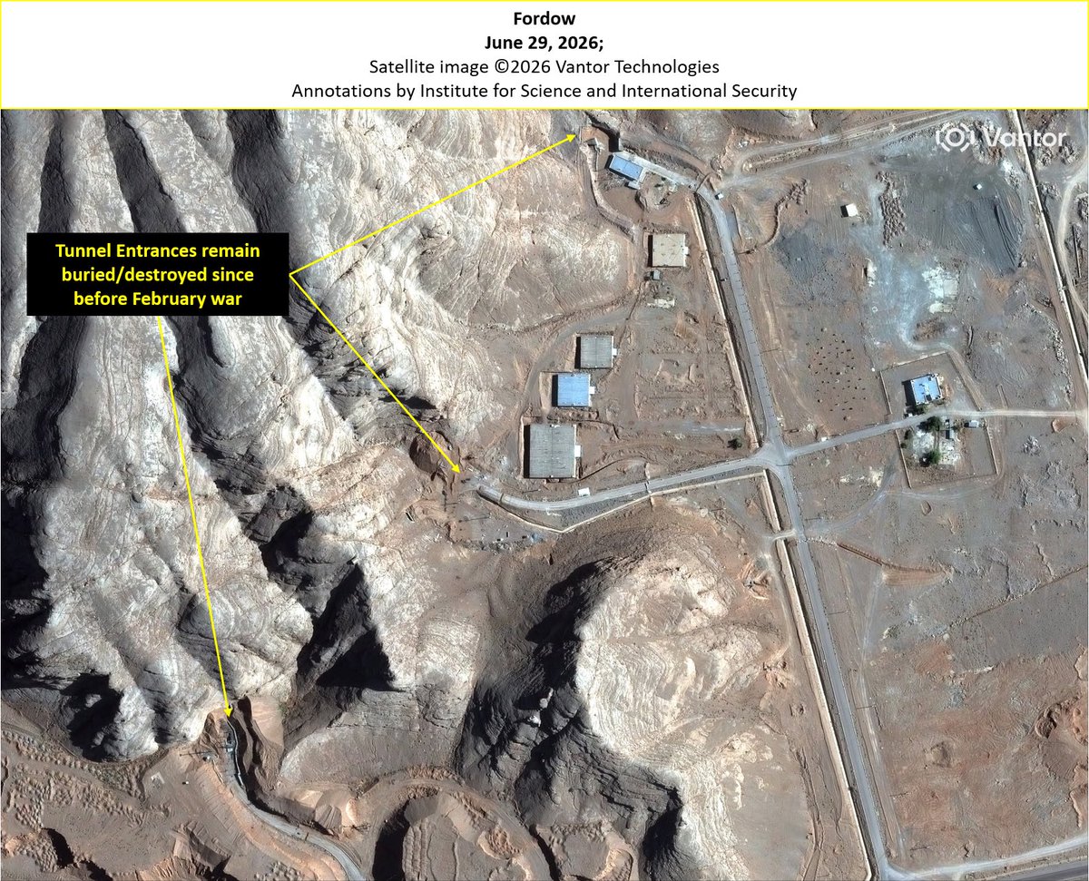 TheGoodISIS's tweet photo. Recent satellite imagery from late June 2026, of the Natanz Nuclear Complex and the nearby Pickaxe Mountain facility, Fordow, and Esfahan, were provided to the Institute by @vantortech. 

At Natanz, little activity can be seen. The access points to the below ground enrichment halls have not been repaired. The personnel entrances remain destroyed and vehicle entrances remain severely damaged. A single vehicle can be seen on the road outside of the Pilot Fuel Enrichment Plant (PFEP), which was destroyed in June 2025, but was covered by Iran after.  The HVAC chillers remain displaced throughout the complex and the primary and backup power systems remain destroyed. 

At Pickaxe Mountain, vehicle activity can be seen on the roads leading to the open set of Western tunnel portals, indicating that construction inside the tunnel complex, as well hardening of the tunnel entrance, are ongoing. The MOU signed between the United States and Iran requires that Iran maintain the status quo which should prohibit construction at any nuclear related facility, including Pickaxe Mountain.  As first reported by the Institute in early May (see: https://t.co/nTs0oIiUYY ), the Eastern set of tunnel portals remain partially backfilled with dirt, making them inaccessible to ground vehicles. This was likely done to prevent rapid ingress and egress to the tunnel entrances.  

At Fordow, as earlier reported by the Institute, between May 10 and May 18th, Iran added passive defensive measures in the form of earthen/rocky mounds and other objects on the roads leading to the tunnel entrances. The alternate placings of the piles/objects are very precise, which creates a series of chicanes, indicating they are not intended as obstructions, but rather to prevent rapid ingress and egress by any vehicle towards the tunnels. The June 21 Vantor image shows that the objects along the road remain there. The tunnel portals also remain backfilled with dirt.

As of June 29, 2026, there is no observed activity at Esfahan. The tunnel portals remain backfilled with dirt. 

The Institute will continue to monitor these sites for any developments. 

Read more about the recent activity at the sites here:  https://t.co/1oer7whmPu,  and here: https://t.co/33GqYDyXBd  

Analysis by @DAVIDHALBRIGHT1, @SarahBurkhard, and @SFnuclear