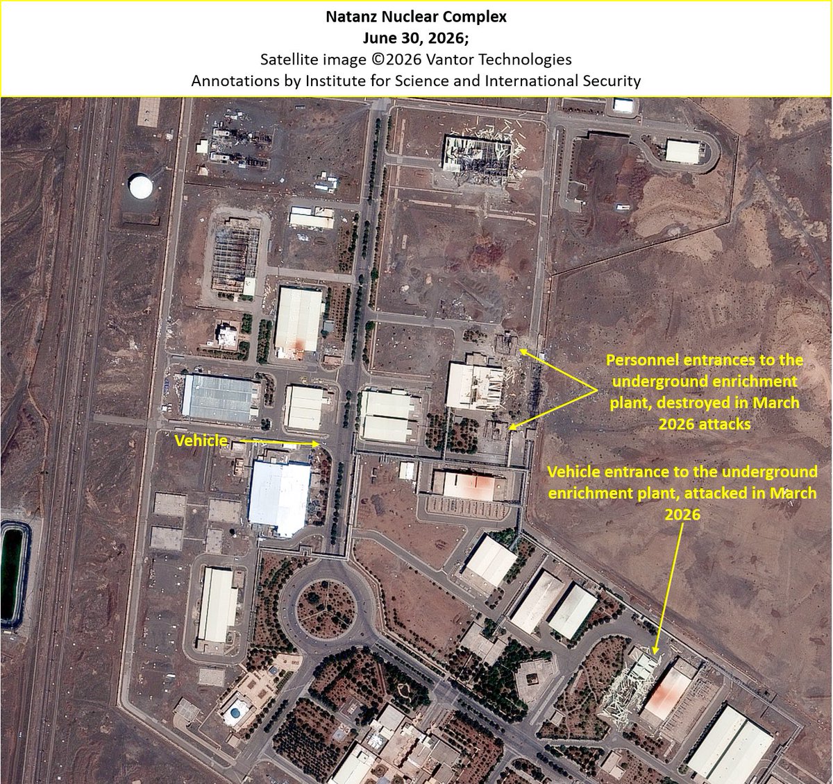 TheGoodISIS's tweet photo. Recent satellite imagery from late June 2026, of the Natanz Nuclear Complex and the nearby Pickaxe Mountain facility, Fordow, and Esfahan, were provided to the Institute by @vantortech. 

At Natanz, little activity can be seen. The access points to the below ground enrichment halls have not been repaired. The personnel entrances remain destroyed and vehicle entrances remain severely damaged. A single vehicle can be seen on the road outside of the Pilot Fuel Enrichment Plant (PFEP), which was destroyed in June 2025, but was covered by Iran after.  The HVAC chillers remain displaced throughout the complex and the primary and backup power systems remain destroyed. 

At Pickaxe Mountain, vehicle activity can be seen on the roads leading to the open set of Western tunnel portals, indicating that construction inside the tunnel complex, as well hardening of the tunnel entrance, are ongoing. The MOU signed between the United States and Iran requires that Iran maintain the status quo which should prohibit construction at any nuclear related facility, including Pickaxe Mountain.  As first reported by the Institute in early May (see: https://t.co/nTs0oIiUYY ), the Eastern set of tunnel portals remain partially backfilled with dirt, making them inaccessible to ground vehicles. This was likely done to prevent rapid ingress and egress to the tunnel entrances.  

At Fordow, as earlier reported by the Institute, between May 10 and May 18th, Iran added passive defensive measures in the form of earthen/rocky mounds and other objects on the roads leading to the tunnel entrances. The alternate placings of the piles/objects are very precise, which creates a series of chicanes, indicating they are not intended as obstructions, but rather to prevent rapid ingress and egress by any vehicle towards the tunnels. The June 21 Vantor image shows that the objects along the road remain there. The tunnel portals also remain backfilled with dirt.

As of June 29, 2026, there is no observed activity at Esfahan. The tunnel portals remain backfilled with dirt. 

The Institute will continue to monitor these sites for any developments. 

Read more about the recent activity at the sites here:  https://t.co/1oer7whmPu,  and here: https://t.co/33GqYDyXBd  

Analysis by @DAVIDHALBRIGHT1, @SarahBurkhard, and @SFnuclear