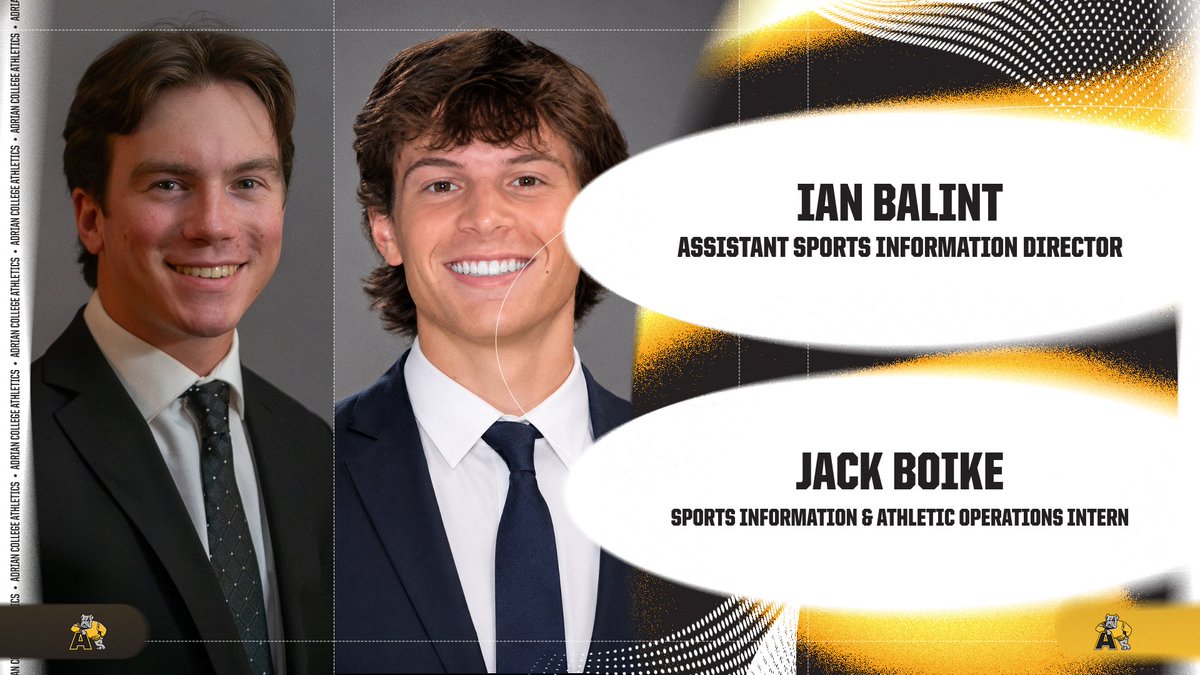 AdrianBulldogs's tweet photo. Ian Balint joins the Adrian College Sports Information staff as the Assistant Sports Information Director. Jack Boike returns to Adrian as the Sports Information and Athletic Operations Intern through the NCAA Pathways to Excellence Grant

📰https://t.co/x9PViiyoho

#GDTBAB https://t.co/p1wtDf3eS7