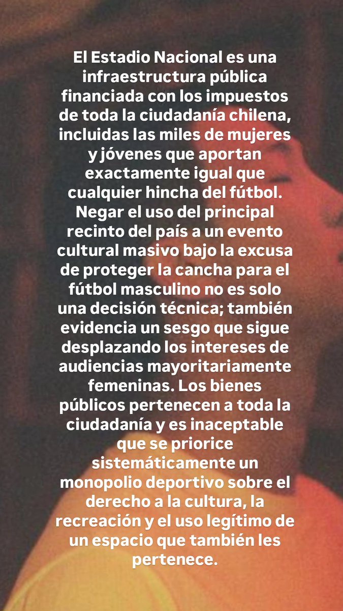 sam_nammu's tweet photo. @dgmedioschile @INDChileOficial

Cuando un bien público termina sirviendo siempre a los mismos intereses, deja de ser verdaderamente público. No se trata solo de un concierto. Se trata de quién tiene derecho a ocupar los espacios y a qué manifestaciones culturales se les da valor https://t.co/mKahnvtomZ