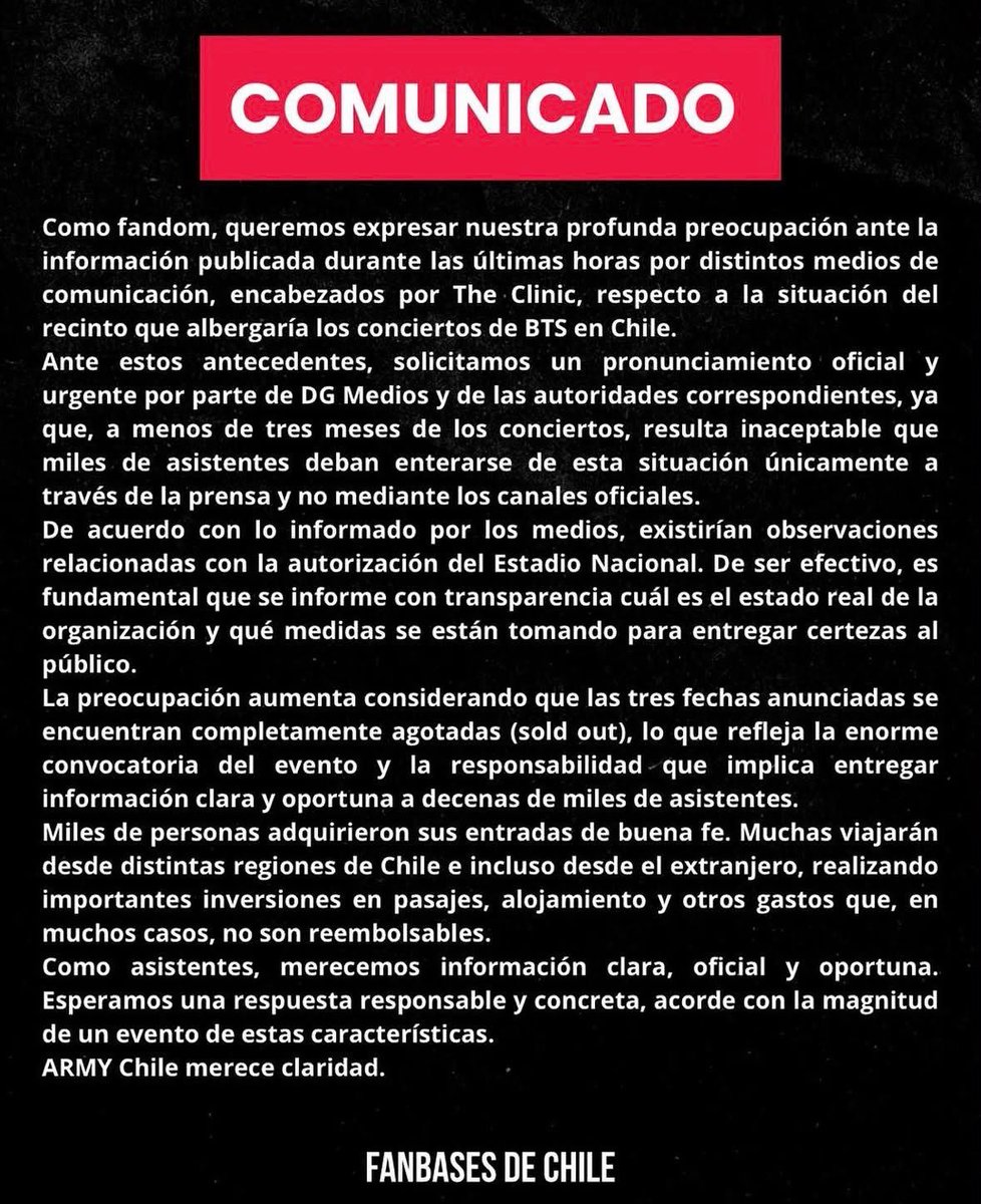 bts_peru1's tweet photo. 🇵🇪 Desde Perú, enviamos todo nuestro apoyo a ARMY Chile.

Sabemos la preocupación que está generando esta situación y entendemos la ilusión, el esfuerzo y el cariño que hay detrás de cada concierto.

Como fandom, estamos con ustedes y apoyaremos desde donde nos sea posible, difundiendo la información y esperando que esta situación se resuelva pronto💜