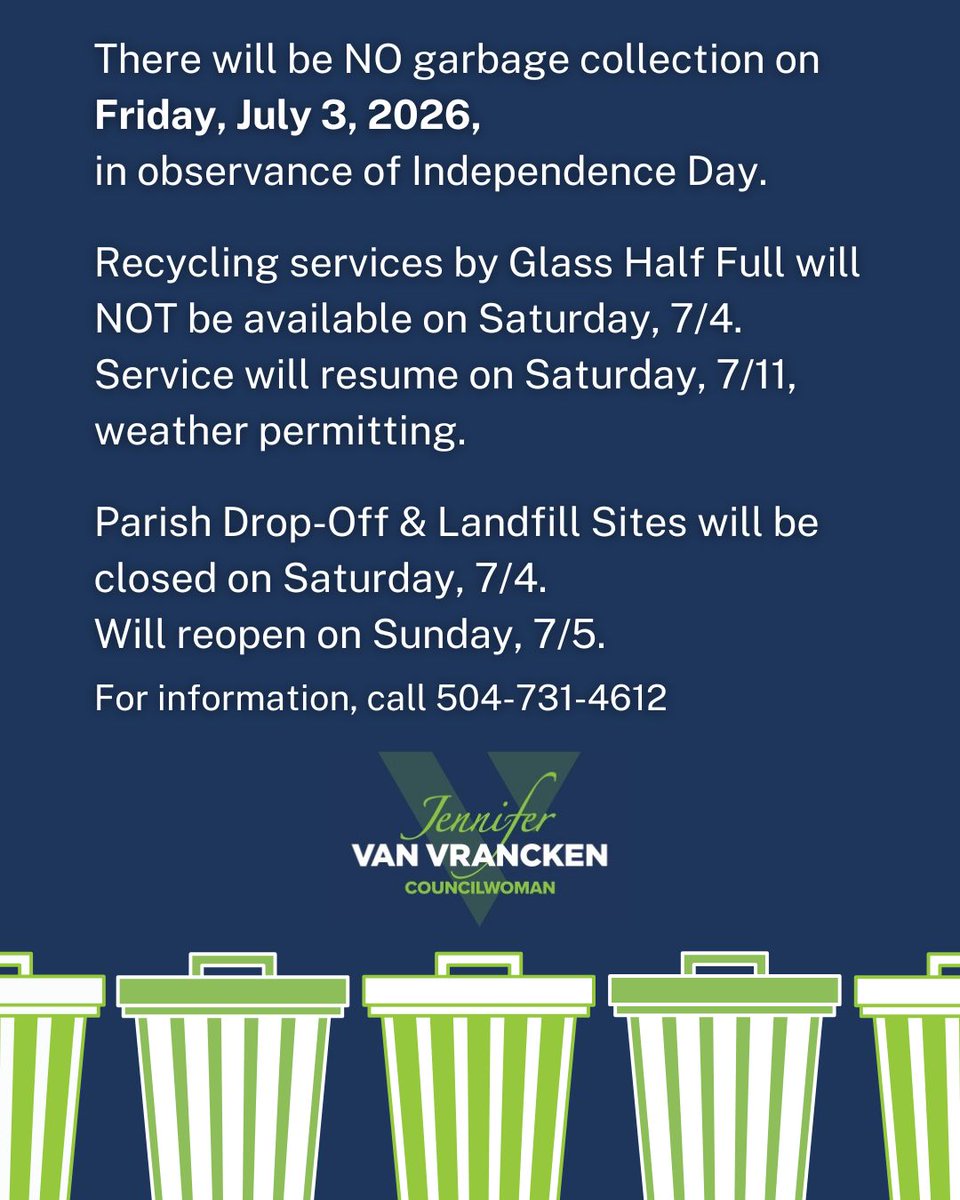 JennVanVJP's tweet photo. JP GARBAGE REMINDER:
No curbside garbage collection on Saturday (7/4) for residents of unincorporated JP and the Town of Jean Lafitte. No make-up day; Saturday routes will be collected Wednesday (7/8).

Parish Landfill and drop-off sites closed Saturday; reopen Sunday (7/5). ⬇️ https://t.co/2lyaVG4BIR