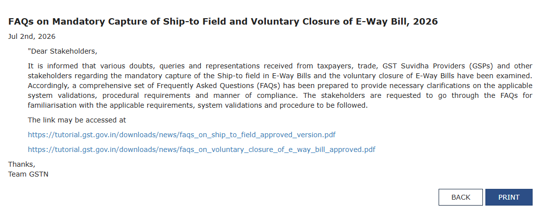 cagauravbgs's tweet photo. GST Update 🚨

GSTN has released FAQs clarifying the mandatory 'Ship To' field in E-Way Bills and the procedure for voluntary closure, addressing key stakeholder queries.

#GST #GSTN #EWayBill #TaxUpdate #India https://t.co/6gSrFJF1tt