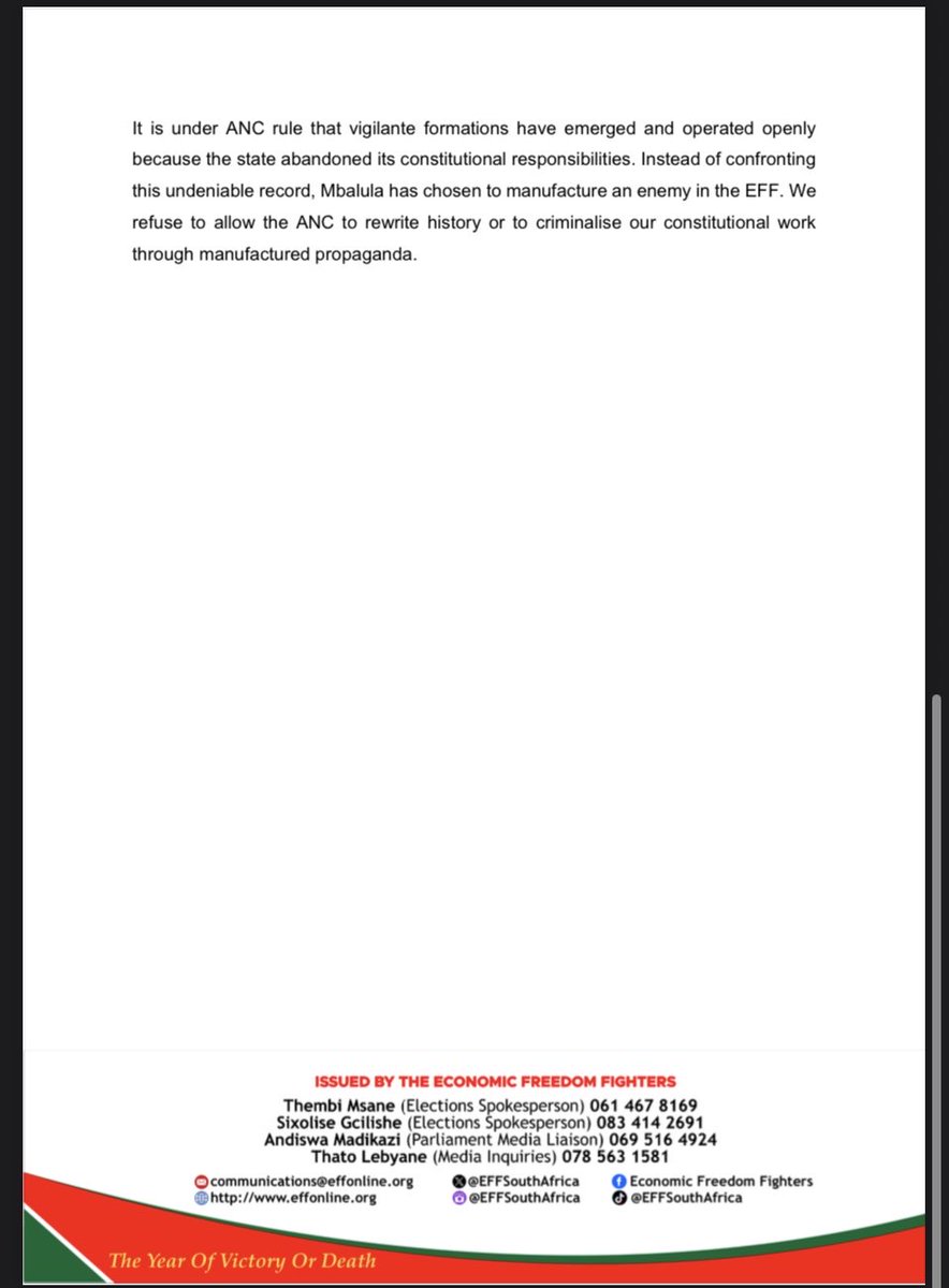 EFFSouthAfrica's tweet photo. The EFF’s Statement on the Defamatory Falsehoods Spread by ANC Secretary General Fikile Mbalula

- Mbalula cannot erase the historical reality that outbreaks of xenophobic violence and organised anti-immigrant mobilisation have plagued South Africa since at least 2007, culminating in the horrific attacks of 2008, years before the EFF was even formed. To suggest that the EFF ignited a phenomenon that predates the existence of the organisation is a fabrication so absurd that it insults the intelligence of the South African public.