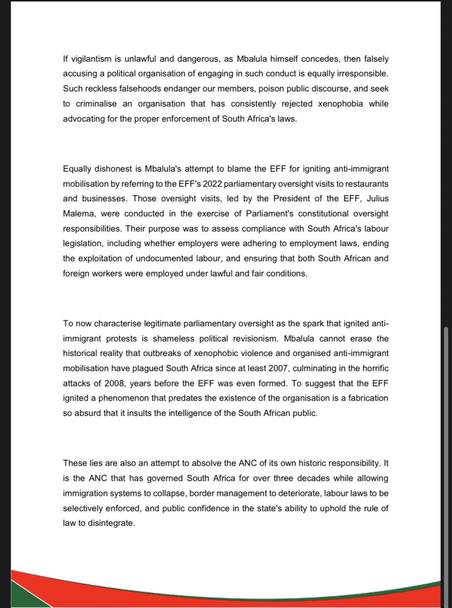 EFFSouthAfrica's tweet photo. The EFF’s Statement on the Defamatory Falsehoods Spread by ANC Secretary General Fikile Mbalula

- Mbalula cannot erase the historical reality that outbreaks of xenophobic violence and organised anti-immigrant mobilisation have plagued South Africa since at least 2007, culminating in the horrific attacks of 2008, years before the EFF was even formed. To suggest that the EFF ignited a phenomenon that predates the existence of the organisation is a fabrication so absurd that it insults the intelligence of the South African public.
