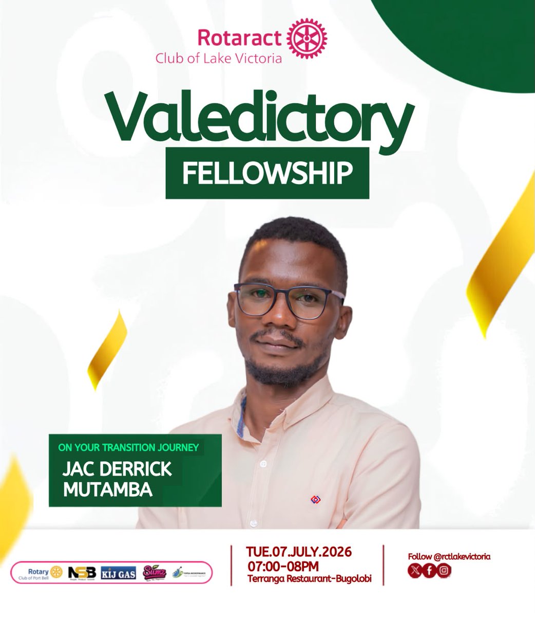 rctlakevictoria's tweet photo. As we reflect on the Fifth Object of Rotaract; "To motivate young people for eventual membership into Rotary" -we invite you to join us for the Valedictory Fellowship of one of our outstanding Club Members, Jac Derrick Mutamba.
🗓️Tue 7th July
⌚7PM
📍 Terranga Restaurant https://t.co/8nUgZu4obw