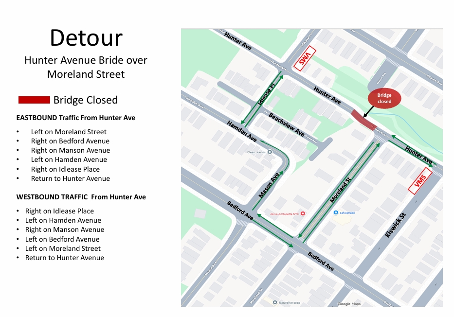 NYPD122Pct's tweet photo. Starting on Wed. 7/8, NYCDOT will conduct urgent repairs on the Hunter Ave. Bridge. This will require a full roadway and bridge closure. The bridge will be closed to cars for approx. 2 weeks. Please see photos for detour info. The work is weather-dependent &amp; may be extended. https://t.co/zTqQvaCIui