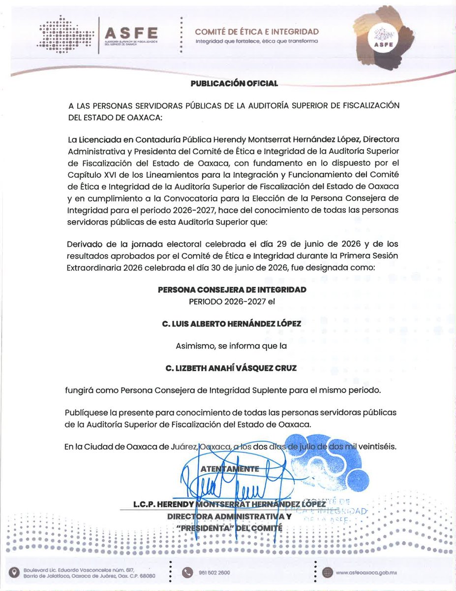 ASFE_OAXACA's tweet photo. La integridad la construimos entre todas y todos. En la #ASFEOaxaca fortalecemos nuestra cultura ética con la designación de la Persona Consejera de Integridad 2026-2027.

¡Enhorabuena por esta importante responsabilidad!

#CasaDeLaFiscalizaciónOaxaqueña https://t.co/mTOKmwtMD1