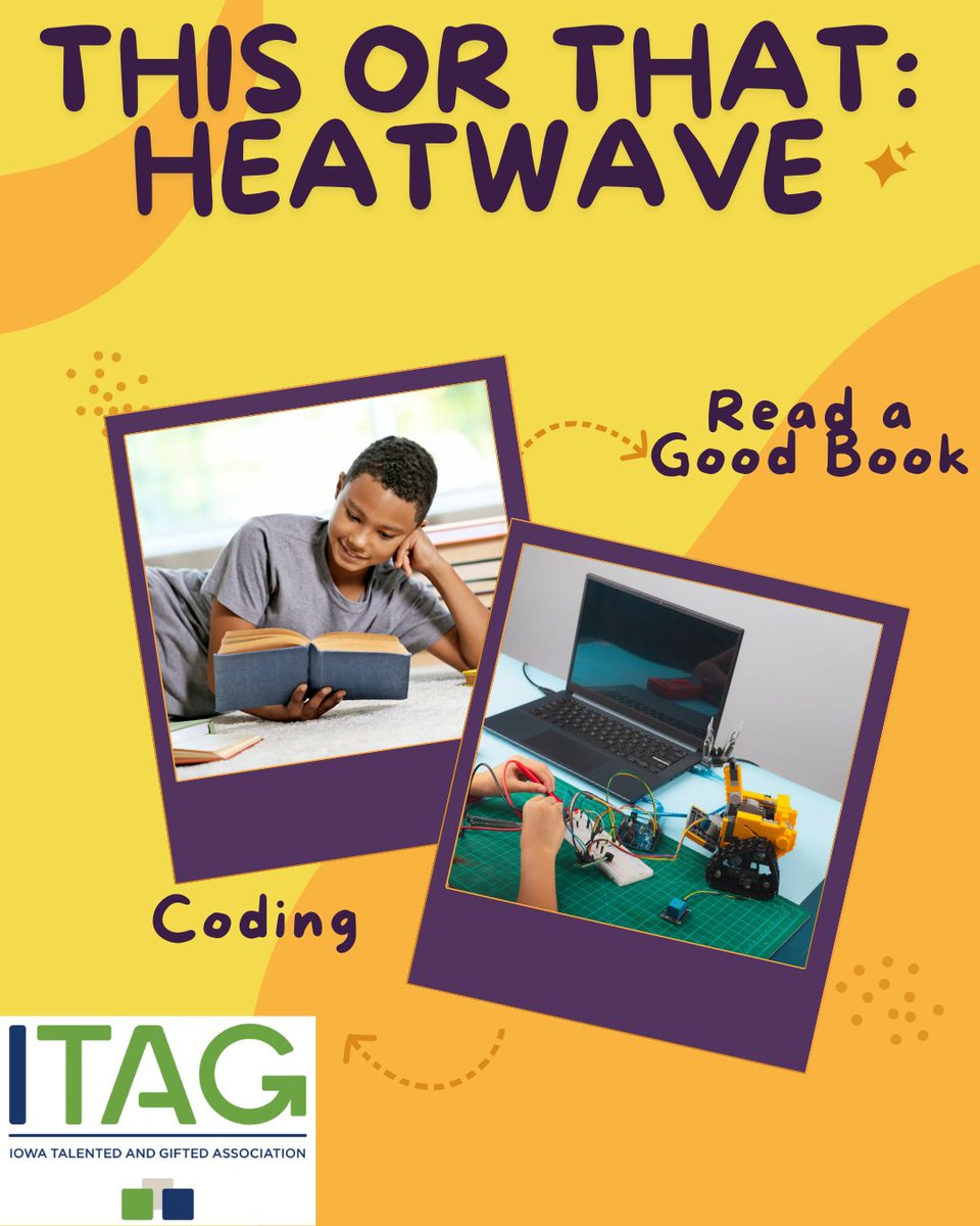 IowaGifted's tweet photo. Let's hear you, parents! What would your kids prefer this week when it's super hot?? 📕 🥵 💻
#PlayAndLearn #LearningThroughFun #KidsActivities #SummerActivities #BeatTheHeat #Parenting https://t.co/e0iFk9Eva2