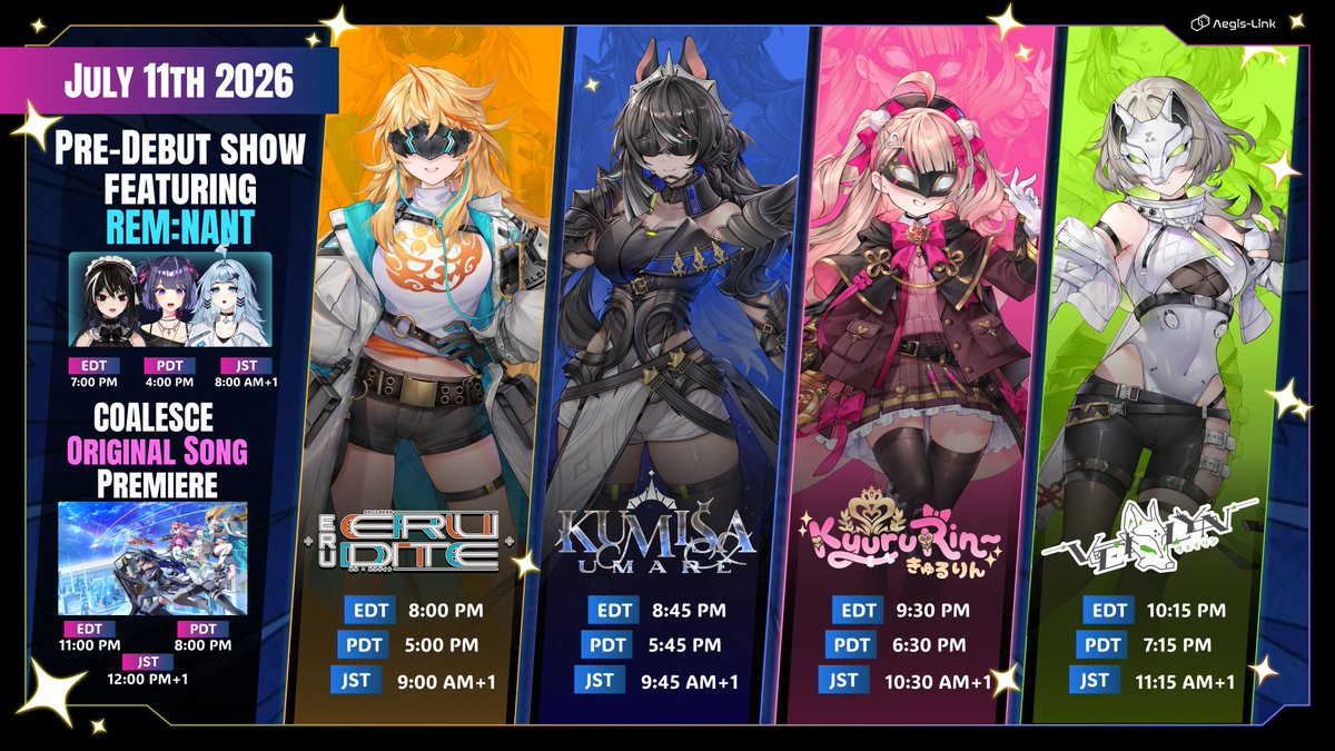 AegisLink_GL's tweet photo. 【‼️COALESCE DEBUT SCHEDULE‼️】

MARK YOUR CALENDARS FOR SATURDAY, JULY 11th!

Join us for an incredible evening celebrating the debuts of the four new talents of Aegis-Link's 2nd Generation, COALESCE! 

https://t.co/TFNDZxqvWD

REM:NANT will be hosting a pre-debut show and we'll wrap up with COALESCE's original song!