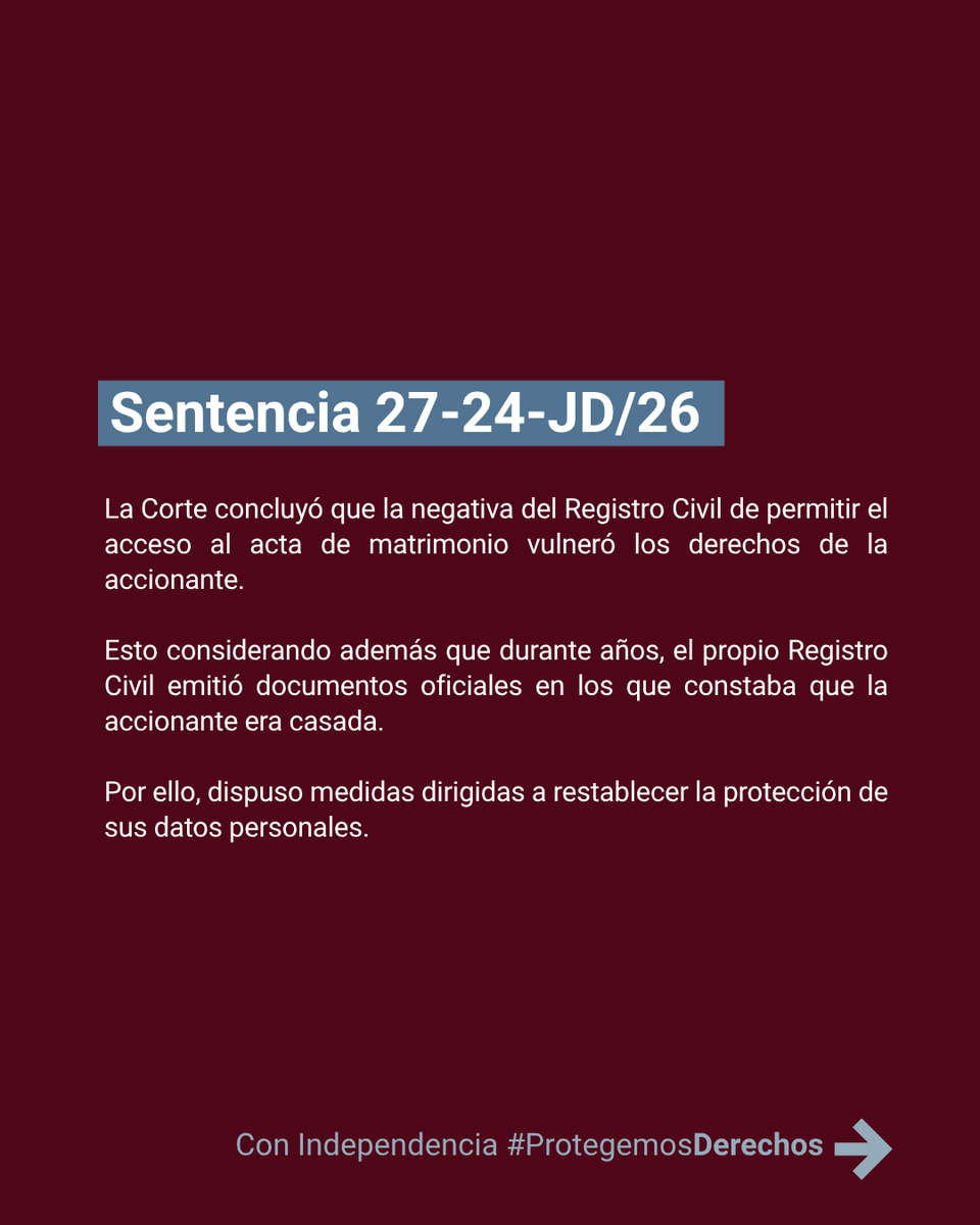 CorteConstEcu's tweet photo. En un proceso de hábeas data, la Corte Constitucional concluyó que la negativa del Registro Civil de acceder a un acta de matrimonio vulneró los derechos de la accionante, por lo que dispuso medidas de reparación orientadas a garantizar el acceso a su información personal. https://t.co/cZ1EDt4u4r
