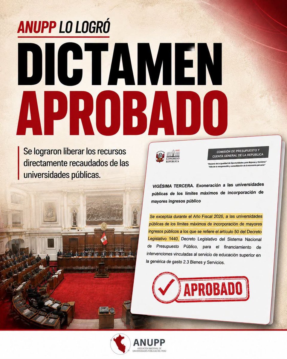AnuppPeru's tweet photo. 📢 #ANUPPInforma | Se logró la liberación de los Recursos Directamente Recaudados

🔷 ¡ANUPP lo logró! Se logró liberar los Recursos Directamente Recaudados de las universidades públicas. La autonomía avanza: por primera vez, las universidades dispondrán de sus propios recursos para la mejora de la calidad del sistema universitario.

🔷 Agradecemos a los congresistas @josejeriore , @cesarrevillav , @JorgeFlores_pe , @edgartellom , @alex_paredes_g y @karolparedesf , así como al presidente de la Comisión de Presupuesto y Cuenta General de la República del Congreso @AlejandroSotoRe - Congresista de la República, por haber apoyado esta iniciativa, la cual fue presentada y sustentada bajo la presidencia del ex mandatario Dr. José Jeri y, posteriormente, con el presidente Dr. José María Balcazar Zelada

#ANUPP #UniversidadesPúblicas #AutonomíaUniversitaria #EducaciónSuperior #GestiónUniversitaria #FinanciamientoUniversitario