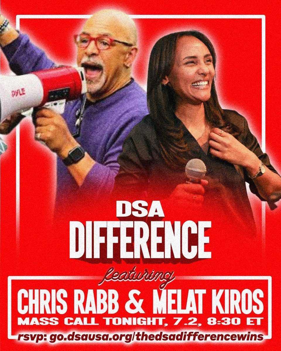 DemSocialists's tweet photo. Whether you joined this week and want to learn about DSA or you are looking for an update on all of the exciting work we are doing, join @MelatKirosCO and @chrisrabb TONIGHT to hear how we’re keeping up the fight.

https://t.co/c5OZKIk47M https://t.co/YIjz3r50E2