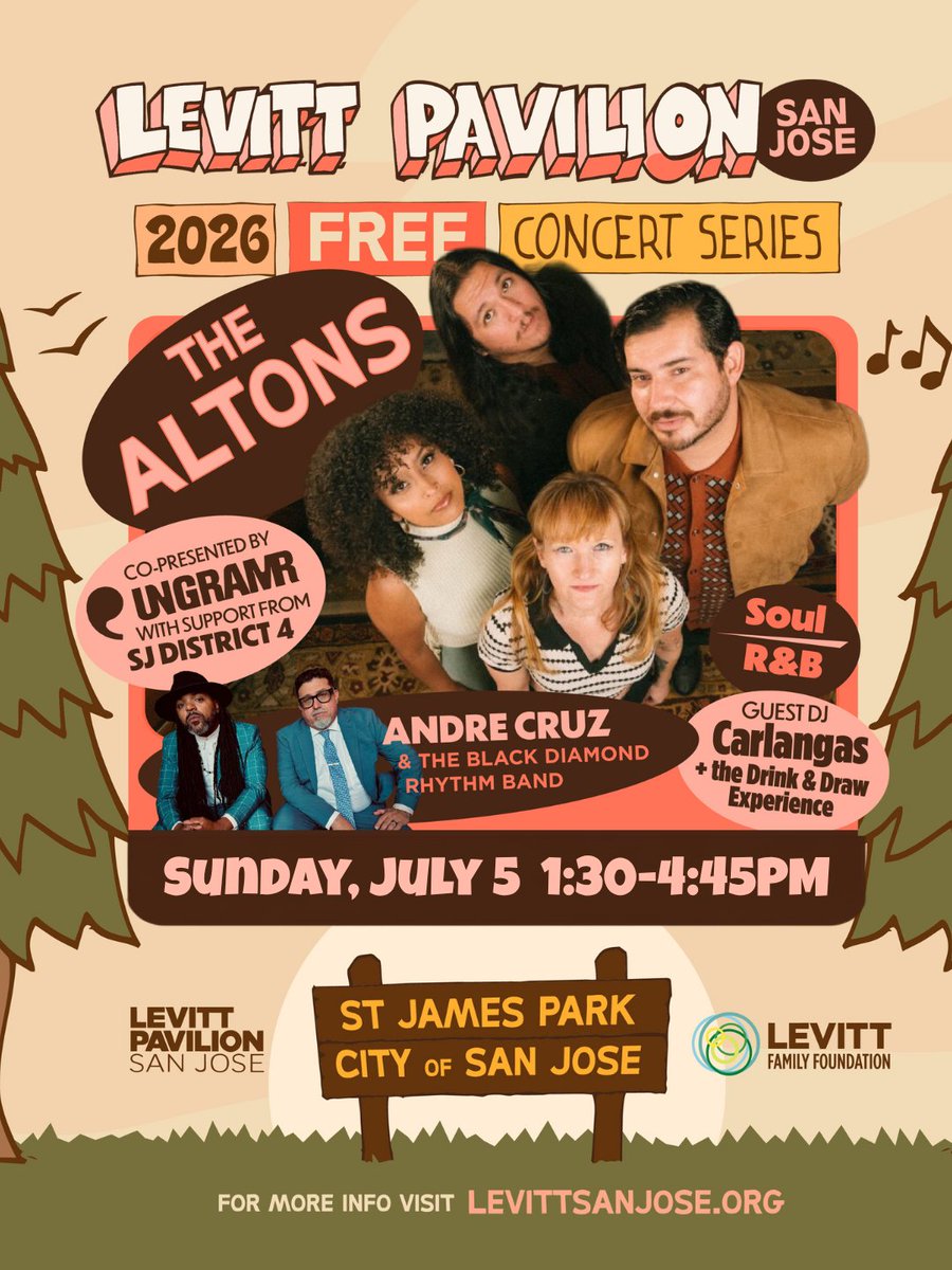 contentmag's tweet photo. Sunday, July 5, 2026, 1:30-4:45p
St. James Park - San Jose
Free Concert

Levitt Pavilion San Jose
The Altons
Andre Cruz &amp; the Black Diamond Rhythm Band
Universal Grammar

Learn more:
https://t.co/g2eHKtAJJQ
(Link in Profile) https://t.co/Dpc8vqJJpc