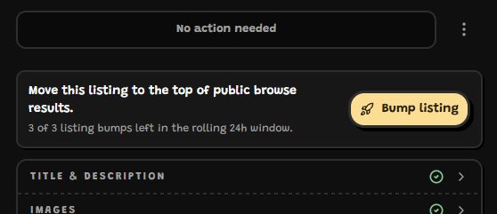 fifteenai's tweet photo. The first supporter perk is now live on Artist Alley: discovery bumps!

If you are a Tier 2 supporter or higher ($5/mo), you can now bump your listings and stores so they get floated to the top of the public browse pages' grids. Every 24 hours, eligible supporters can bump up to 5 listings and 1 store. The same listing can only be bumped once per 24 hours.

Remember that you're not paying to unlock this feature individually; monthly support helps keep Artist Alley running, improving, and independent, and supporters get access to all perks included in their tier as they roll out. Discovery bumps are just the first supporter-only feature - and there will definitely be a lot more cool special features ahead, to be announced very soon!

Artist Alley still takes no cut out of any of your sales. Supporter subscriptions go directly toward hosting, development, operations, and keeping the platform alive. Every supporter genuinely matters (seriously), so please consider supporting even if you don't particularly care about the perks!