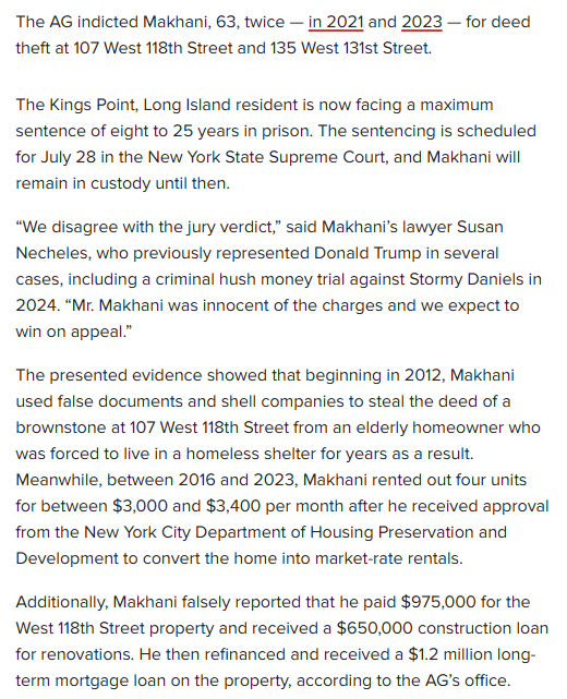 Fly_Sistah's tweet photo. Joseph Makhani found guilty of stealing two Harlem brownstones worth $4.7 million. He used fake deeds, forged documents &amp; shell companies to take control of the properties. An elderly homeowner was forced into a homeless shelter, despite being the owner of a $3 million home. https://t.co/6QwMnJdz2G