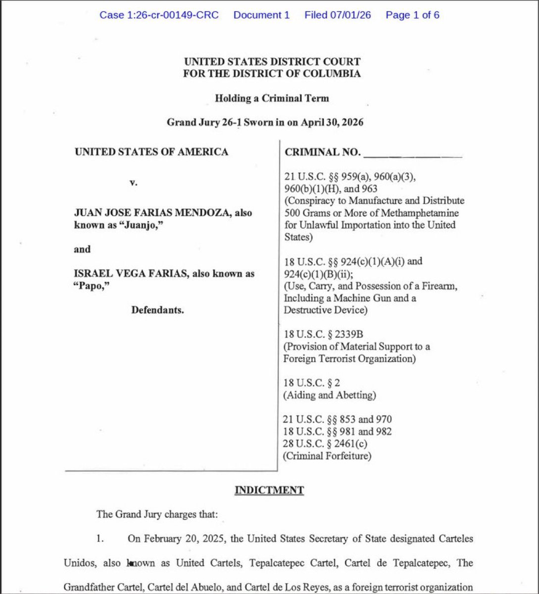 SimonLevyMx's tweet photo. Just hours ago, a federal grand jury in Washington, D.C. publicly charged what appears to be the next generation of the family linked to the group that controls Tepalcatepec.

The defendants are Juan José Farías Mendoza (“Juanjo”) and Israel Vega Farías (“Papo”).

The most significant charge is not drug trafficking.

It is providing material support to a Foreign Terrorist Organization.

The organization:

Cartel de Tepalcatepec.
Carteles Unidos.

Its alleged leader, according to the United States:

Juan José “El Abuelo” Farías, who carries a $10 million U.S. reward.

At first glance, this may seem like just another cartel case.

But now connect it to Morena.

Tepalcatepec’s mayor belonged to Morena.
    She was assassinated in 2025. According to press reports, her sister was allegedly the partner of “El Abuelo.” Mexico’s Attorney General’s Office was investigating her for alleged ties to the criminal group. She denied those allegations.
According to regional press reports, “El Abuelo’s” brother served as a city councilman under the Morena-PT coalition.
The uncle and cousin of Michoacán Governor Alfredo Ramírez Bedolla, a Morena politician, are imprisoned in the United States for methamphetamine trafficking linked to Carteles Unidos, according to records from the U.S. District Court for the Southern District of Florida.
Before he was murdered, self-defense leader Hipólito Mora publicly stated that Carteles Unidos intervened in the 2021 election to benefit Morena. That is a public statement, not a judicial finding.

The indictment does not mention Morena.

No politician is charged in this case, and everyone is entitled to the presumption of innocence.

However, under U.S. law, the material-support-to-terrorism statute is not limited to drug trafficking. It can also apply to other forms of knowing support for a designated Foreign Terrorist Organization.

Yesterday, the U.S. Treasury stated that cartels finance political campaigns in Mexico.

Now, less than 48 hours later, a federal grand jury has brought terrorism-related charges against alleged members of the family associated with the group that controls Tepalcatepec.

Do you see how the pieces of the puzzle are being assembled?

From the perspective of U.S. law, this is no longer just a narcotics case.

It is a terrorism case.