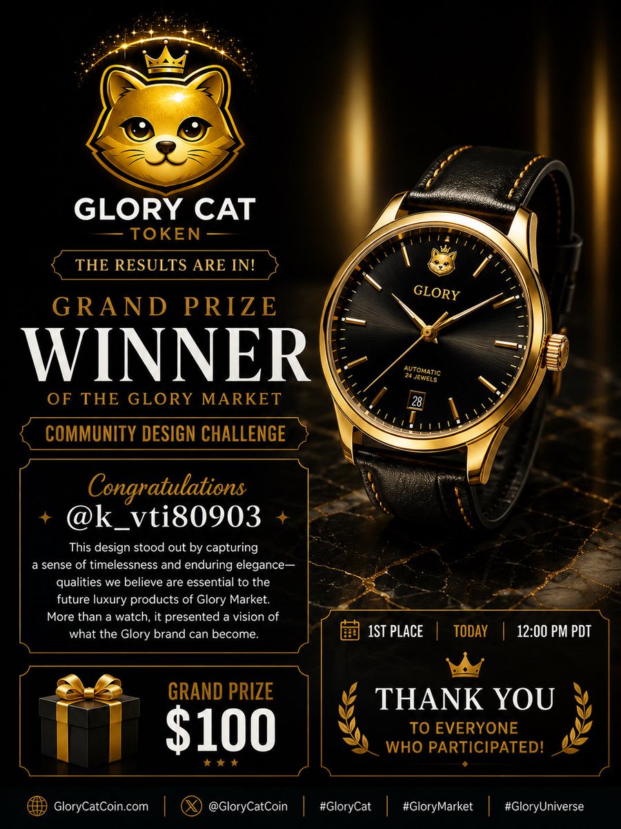 GloryCatCoin's tweet photo. 🥇 And now… our Grand Prize Winner!

Congratulations to @k_vti80903, the 1st Place winner of the first-ever Glory Market Community Design Challenge! 👏🏆

This concept captured a sense of timelessness, craftsmanship, and enduring elegance—qualities we envision defining the future luxury products of Glory Market.

More than simply showcasing a watch, this submission presented a compelling vision for what the Glory brand can become. It reflected the kind of premium product experience we aspire to build.

🏆 Grand Prize: $100

To everyone who participated: thank you.

We received around 70 incredible submissions, and the creativity, effort, and passion shown by this community exceeded our expectations. While only three entries could take home a prize, many concepts inspired us and helped shape our vision for Glory Market.

This challenge may be over, but it’s only the beginning.

The future of Glory Market starts now. 👑

#GloryCat #GloryMarket #GloryUniverse