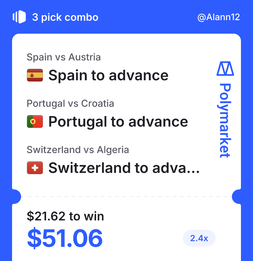 Aalan1012's tweet photo. I just built a combo on @Polymarket.

Trade against me: https://t.co/TZvOBWtleO 
🔥🔥🔥 پیشبینی میکس مطمئن با ضریب خوب 2.3
ادامه جامو میخام فقط با میکس تیمهایی ک صعود میکنن پیش برم https://t.co/MYSOELDLKy