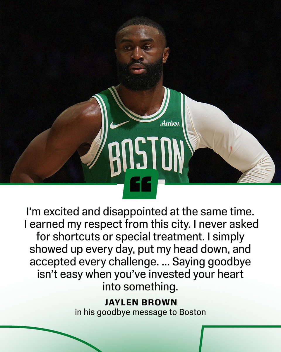 ESPNNBA's tweet photo. Jaylen Brown shared a heartfelt goodbye to Celtics fans following his reported trade to the Sixers. https://t.co/s0TDL9XsfM