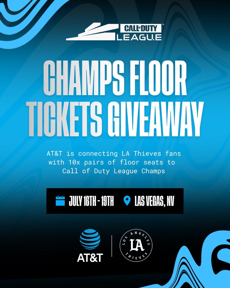 LAThieves's tweet photo. 🎉 CDL Champs Floor Ticket Giveaway 🎉

@ATT is connecting Call of Duty fans with 10 pairs of floor tickets to the Call of Duty League Championship in Las Vegas (July 16-19, 2026). 🏆

To enter:
✅ Follow @LAThieves 
💬 Comment “🏆” below

Good luck! Winners will be contacted via DM.