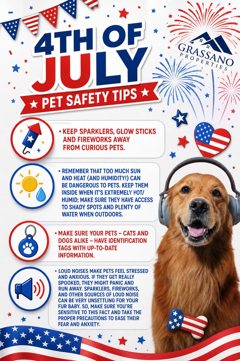grassanoprops's tweet photo. 🎆 Fourth of July Reminder! 

As you celebrate, please remember that fireworks &amp; grills are not permitted on community grounds. 

Keep your fur babies safe by bringing them indoors during fireworks &amp; ensuring their tags are up to date.

Have a fun, safe, &amp; star-spangled holiday! https://t.co/KjiFNmTqf2