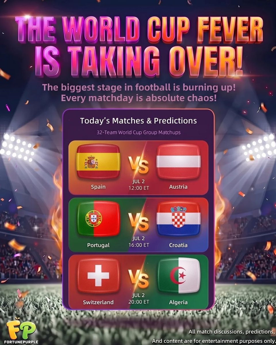 Fortunepurple_'s tweet photo. 10 teams have already qualified for the Round of 16. ⚽🔥

📅  Today's Matches &amp; Predictions：
Spain vs Austria 
Portugal vs Croatia 
Switzerland vs Algeria

Your picks for the Round of 16? ⚽🔥

#WorldCup2026  #FIFAWorldCup
#WorldCup #pov #fortunepurple #fyp https://t.co/4mniA2VxMb