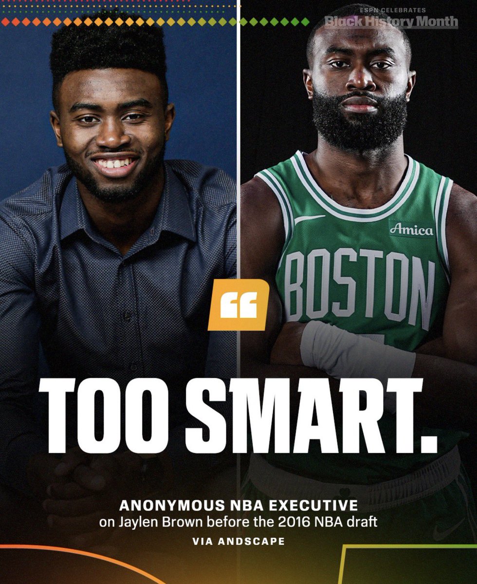 phxsunz25's tweet photo. The Jaylen Brown stuff is so flagrantly racist and has been since before he even got drafted when anonymous executives were calling him “too smart” for the league https://t.co/UdZRjPtqYD