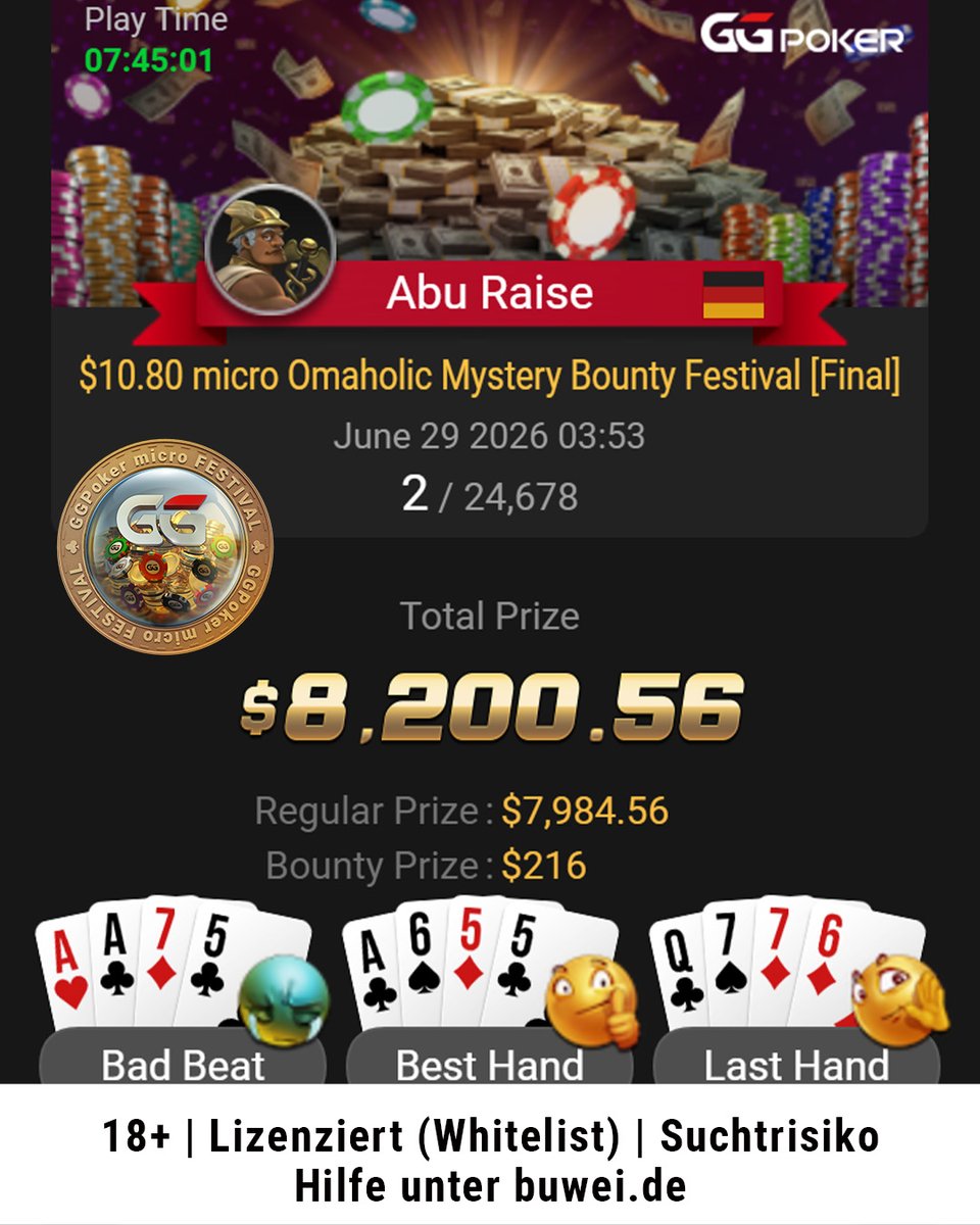 GGPokerDE's tweet photo. Glückwunsch an MrKarotte, Bretti96, Abu Raise und Klau_es412 💪 😎 Das GGPoker microFestival läuft nur noch ein paar Tage, aber mit dem micro Mystery Bounty Main Event steht das große Highlight noch aus: $10,80 Buy-In und $1.500.000 GTD 🔥 🚀 Let's go ▶️ https://t.co/vgUJCwOC7b https://t.co/6oVjmuvGzJ