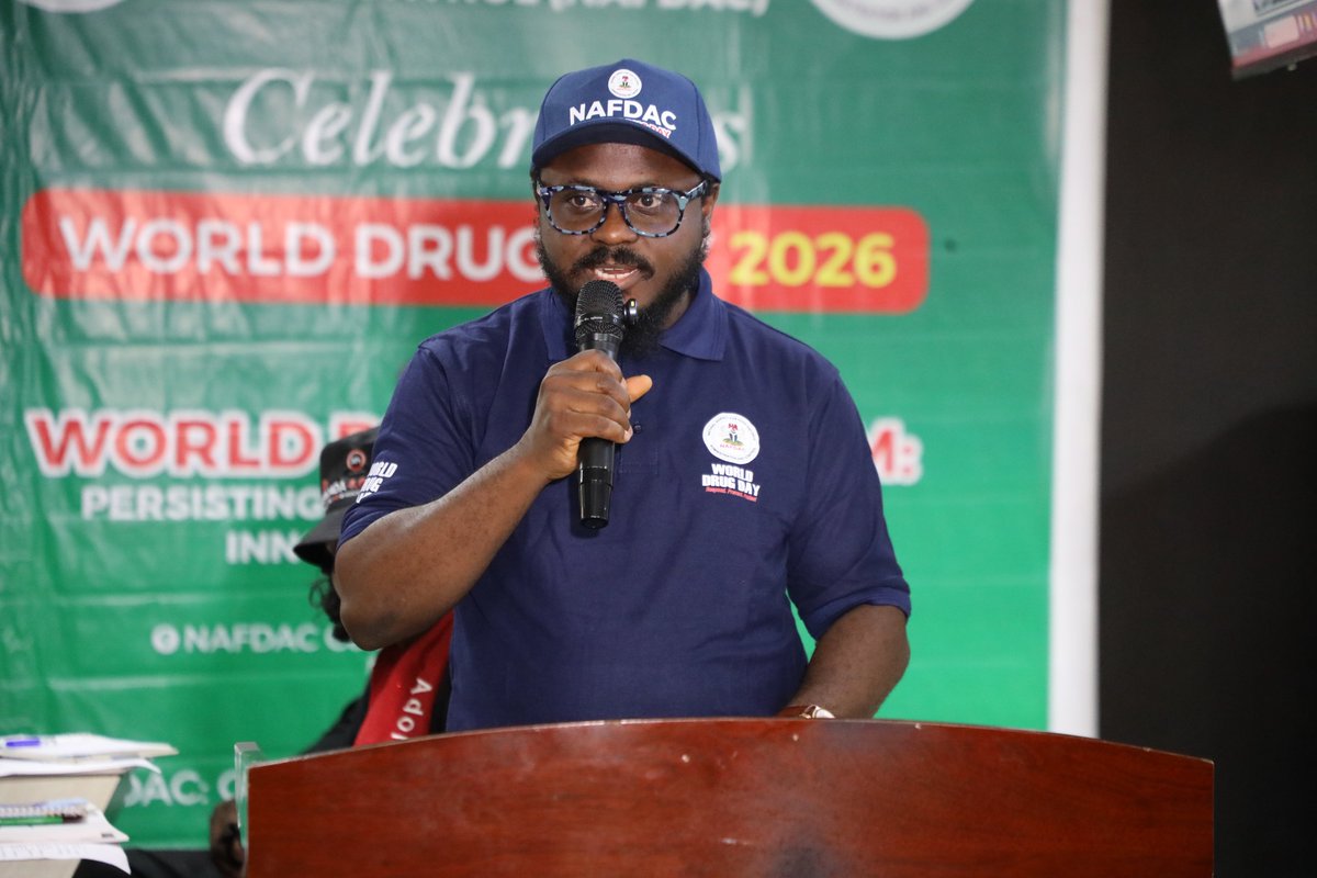 NafdacAgency's tweet photo. World Drug Day 2026: NAFDAC Reaffirms Commitment to Combating Drug Abuse and Illicit Trafficking

NAFDAC has reaffirmed its commitment to combating drug abuse, preventing the misuse of controlled medicines, and strengthening regulatory measures against illicit drug trafficking as the world commemorates the 2026 International Day Against Drug Abuse and Illicit Trafficking (World Drug Day).

In a goodwill message to mark the occasion, the Director-General of NAFDAC, Prof. Mojisola Adeyeye, represented by her Technical Assistant, Dr. Timothy Bamgbose, said this year's theme, "The World Drug Problem: Persisting Issues, New Challenges, Innovative Responses," highlights the need for stronger collaboration and innovative approaches to address the evolving threats posed by drug abuse and illicit trafficking.