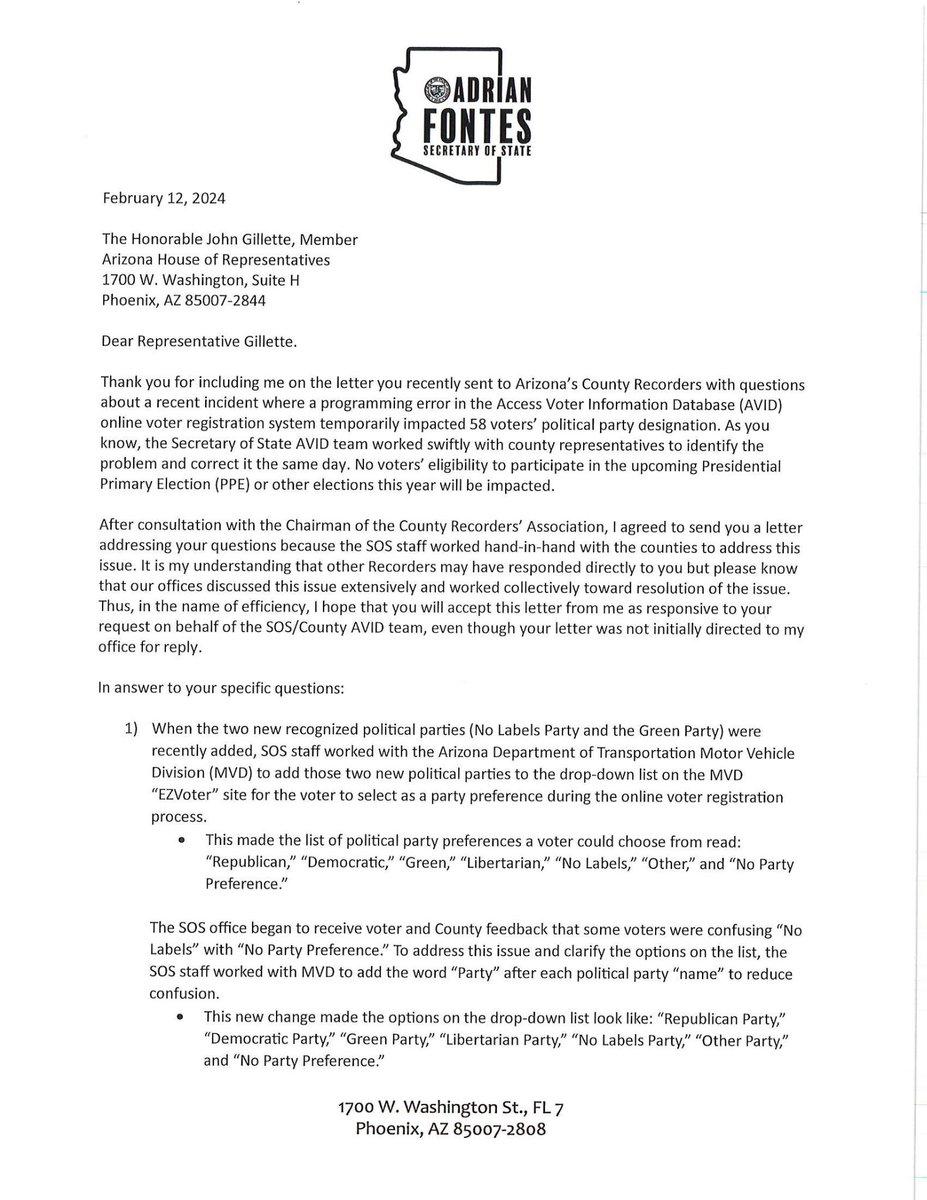 AzRepGillette's tweet photo. More uncomfortable Fact!

I issued a public records request to all county recorders to compare county-level voter registration records against the numbers being reported by SOS, AVID, MVD, and ServiceArizona.

Before most counties responded, Maricopa County Recorder Stephen Richer emailed the recorders after coordinating with Secretary Fontes and recommended that counties defer their responses until after Fontes answered first.

Fortunately, Coconino County had already responded.

That response showed exactly why the records request mattered. SOS identified only two Coconino records as potentially impacted. Coconino reviewed those two and found they were not impacted. But Coconino separately identified 1,412 automated party-preference changes since 2022 tied to EZVoter, MVD transactions, or other automated software.

That is the issue.

The state cannot prove the system worked by citing its own AVID numbers. The control point is whether county-recorder records match SOS, MVD, and ServiceArizona transmissions. Coconino’s response shows those numbers do not align.

This was never about claiming AVID fraud, it shows  system failure, political infighting, and whether known problems were hidden from legislators, county officials, the press, and the public, since 2019

If county records do not match SOS records, and officials knew that, then the public deserves answers, as they are required to match by state and federal law.

The elected Recorders are the gate keeper, and charged under the law for adjudication of voter qualification.  Under Hobbs and Fontes, this clearly is not happening.  MVD and SOS are acting as that gatekeeper.

It also raises a serious question: Does this help explain some of the conflict between the Maricopa Board of Supervisors and Recorder Heap?

Because once county-level records are compared against state-level claims, the entire narrative starts to fall apart.
