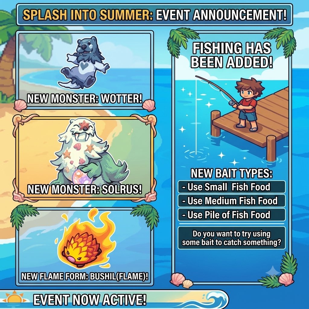 MRO4eva's tweet photo. The Summer Event has started!

All new monsters have been added created by community members! 

Fishing has also been added into the game! https://t.co/PrEQZdpYES