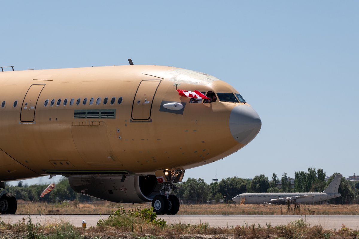 AirbusDefence's tweet photo. The first A330 Multi Role Tanker Transport aircraft “CC330 Husky” for the @RCAF_ARC took to the skies for the very first time today at our Getafe facilities in Spain! ✈️🇨🇦 

Everything is on track for delivery next year. ⏳ The RCAF's A330 MRTT will be equipped with both hose-and-drogue and boom air-to-air refuelling capabilities, along with advanced cybersecurity solutions and countermeasures. 🛡️