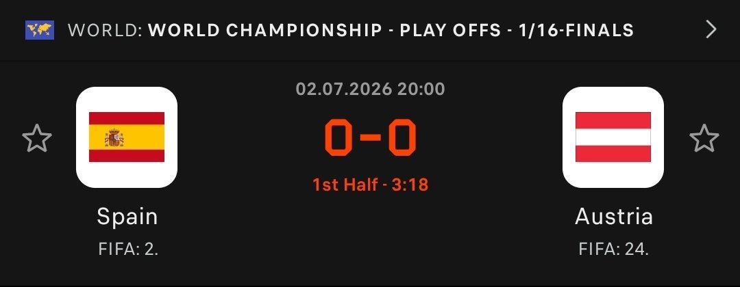 Ezeh200's tweet photo. 🚨 KICK-OFF!

🇪🇸 Spain vs Austria 🇦🇹

The battle for a place in the Round of 16 is officially underway! 🔥

Can Spain take another step toward World Cup glory, or will Austria spring a surprise?

Who's your pick to qualify? 👀 https://t.co/ooWsSynPUC