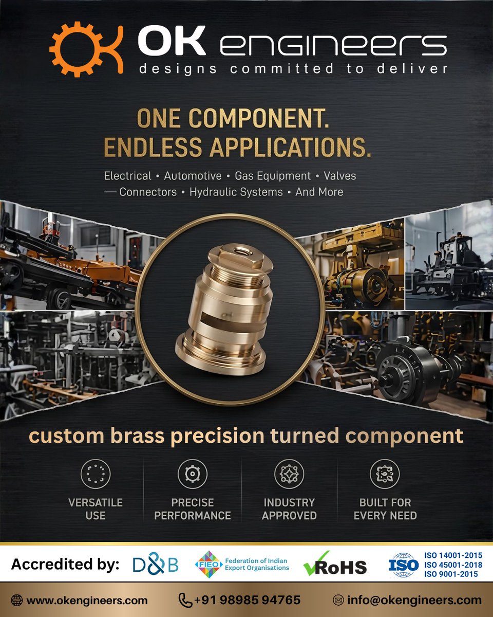 OKENGINEERS's tweet photo. One component. Endless applications. ⚡⚙️
Secure your engineering supply chain today.
🌐 https://t.co/2syCeVIooQ
📞 +91 98985 94765
#OKEngineers #PrecisionTurning #BrassComponents #CustomManufacturing #TurnedComponents #AutomotiveEngineering #ElectricalComponents https://t.co/VPmCgpNkMr