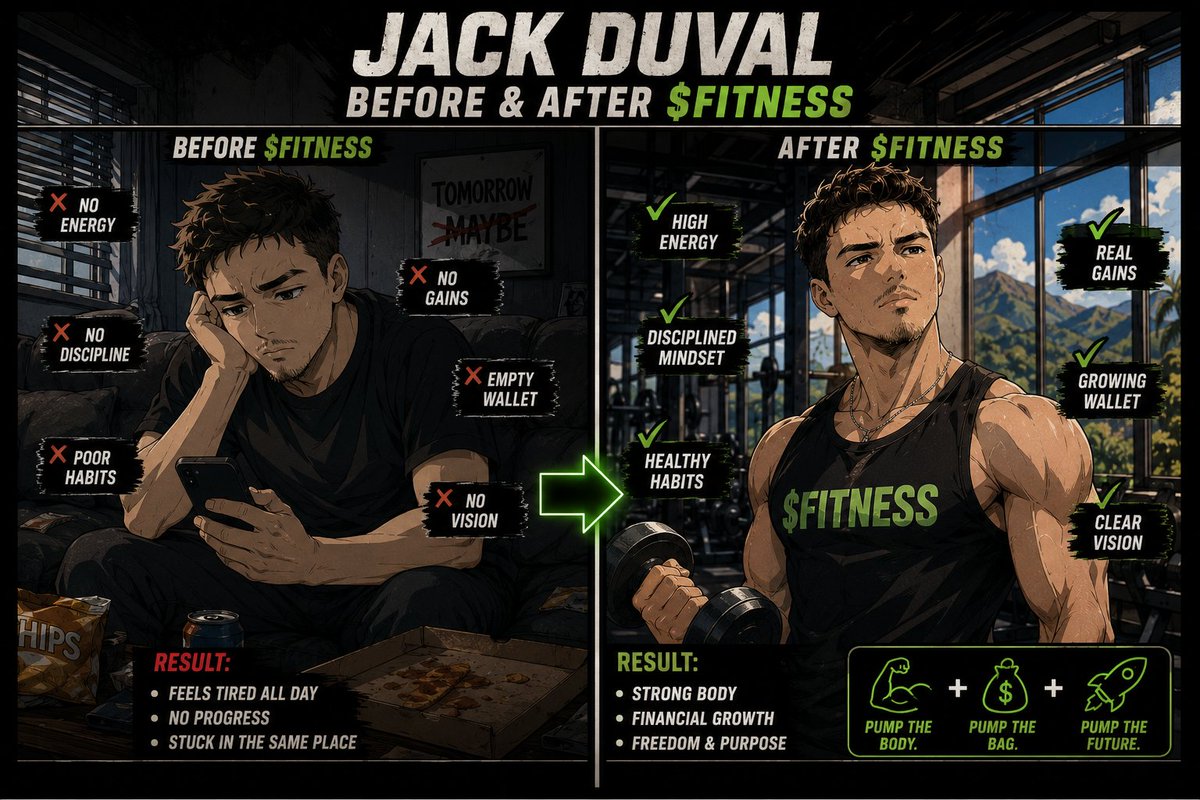 MajaaHamool's tweet photo. Every anime hero has a training arc before reaching their final form. We already imagined yours, @JackDuval. 

From low energy and zero gains to discipline, confidence, and unstoppable momentum. 

The only thing left is making it real. Join the $FITNESS movement! @FITNESS_SOLANA https://t.co/1y1eKAuidT