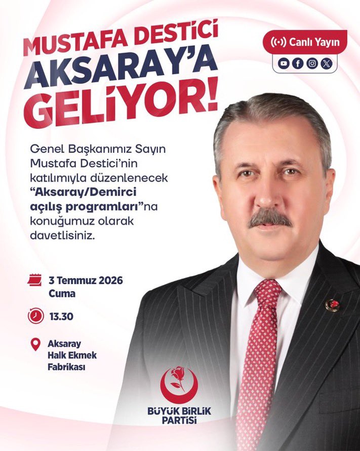 bbpyerelyonetim's tweet photo. Demirci Belediye Başkanımız sayın Ramazan Bozlak, Genel Başkanımız sayın Mustafa Destici’nin teşrifleri ile 3 Temmuz Cuma günü saat 13.30'da Aksaray Halk Ekmek Fabrikasında düzenlenecek olan Aksaray/Demirci Açılış Programlarına tüm vatandaşlarımızı davet etti.

@bbpgenelmerkez 
@Mustafa_Destici 
@AlaattinCakir07