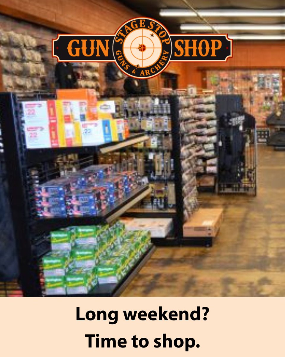 stagestopgun's tweet photo. Whether you're heading to the range, gearing up for the outdoors, or just looking for your next favorite piece of gear, there's no better time to stop in. Make the most of your long weekend and get ready for your next adventure.
#LongWeekend #TimeToShop #OutdoorLife #RangeDay https://t.co/qCqYdTGI6f