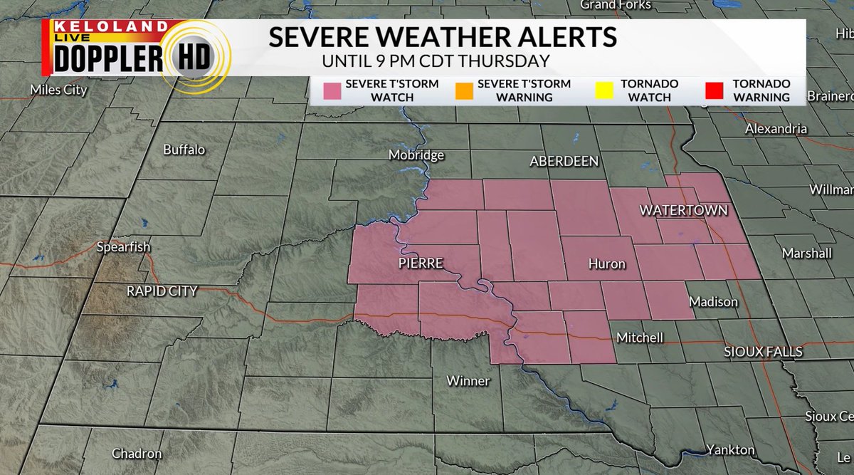 kelostormcenter's tweet photo. A Severe Thunderstorm Watch has been issued for portions of central and eastern South Dakota until 9 PM CDT Thursday. Damaging wind gusts, large hail, and a tornado or two is possible with storms that develop this afternoon and evening. https://t.co/I4UW414oJg