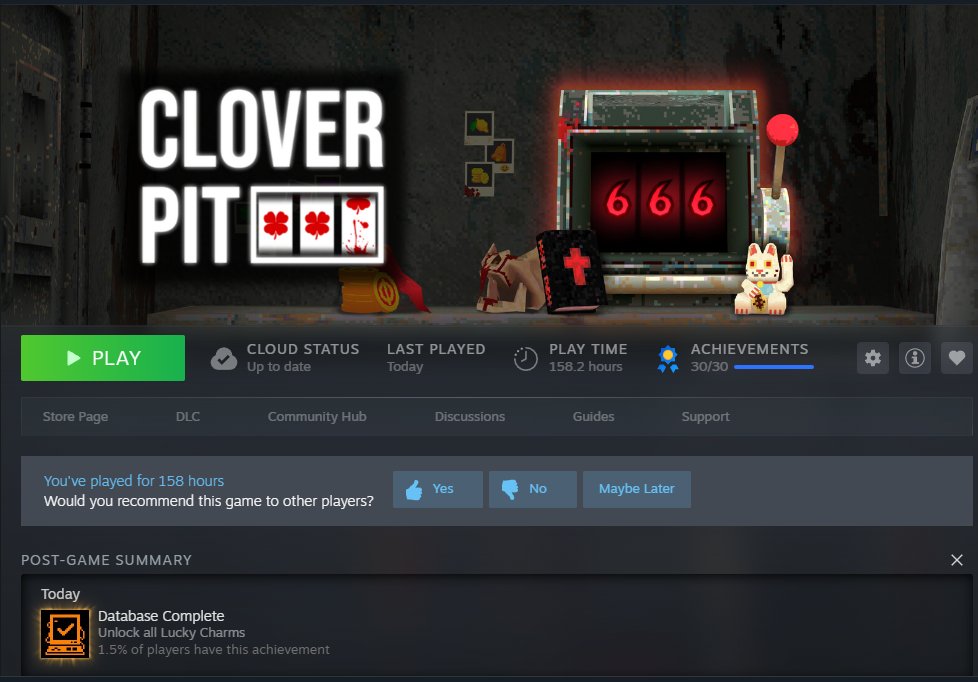 holographic memory card cloverpit i am finally free from cloverpit... 200% completion, all lucky charms  (including DLC) and all rainbow holographic memory cards :) seeing 158  hours of my life there is a little embarrassing but