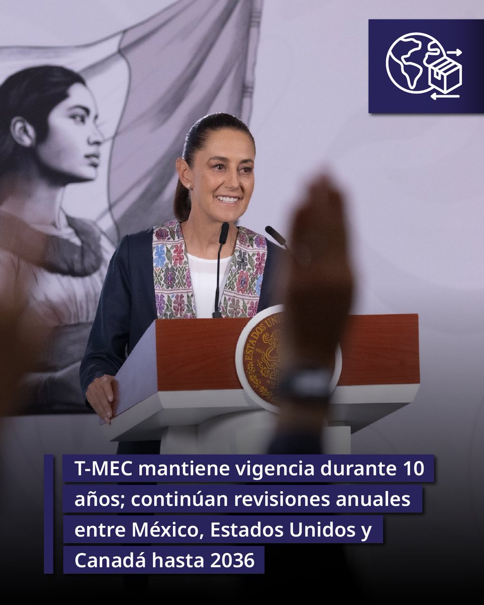 GobiernoMX's tweet photo. Continúa la certidumbre en México. Con motivo de la actual revisión del T-MEC, la presidenta @Claudiashein reafirma que nuestro país busca las mejores condiciones para fortalecer el contenido regional. El tratado mantiene vigencia hasta 2036. https://t.co/PLviqPNnoR