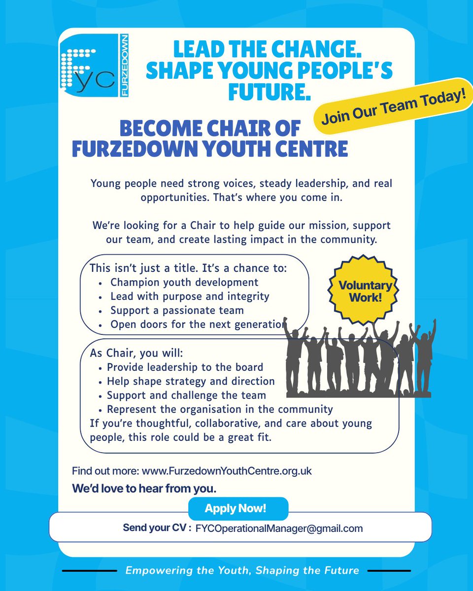 FurzedownYC's tweet photo. If you attend one of our 4 local churches &amp; would like to help young people to thrive, Why not put yourself forward to become our Chair?

Join us on Sun 19th Sept for our AGM at 1pm at St Albans Church. See you there!
@mlbc_church @stjamesweststreatham @furzedowncommunitynetwork https://t.co/rcDmkbqJrl