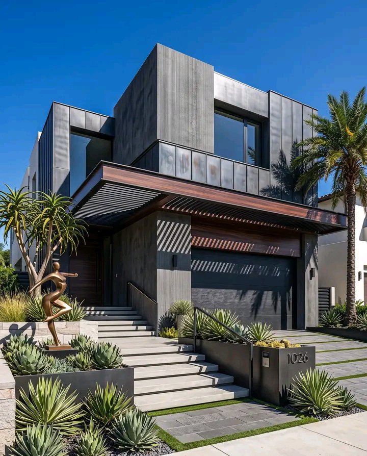 NexBuilders's tweet photo. Stacked monolithic volumes in dark standing-seam metal and vertically fluted concrete establish a clear base-middle-top hierarchy. The deep cantilevered brise-soleil with timber soffit filters harsh west sun, casting dynamic shadow lines on the facade. Recessed corner glazing reduces mass perception, while the raised plinth, corten planters and xeriscape palette optimize passive cooling and low-water performance.