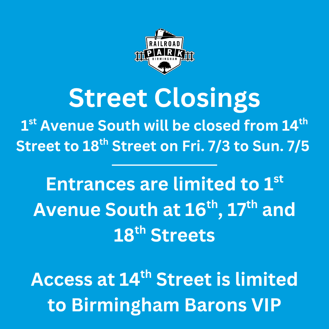 RailroadPark's tweet photo. Reminder: Railroad Park has restricted access today through Sunday: July 3-5. The only entry points are on 1st Avenue South at 16th, 17th and 18th Streets. Bag checks will be in effect. See graphics for restricted items. https://t.co/p9Kpk4RRHE