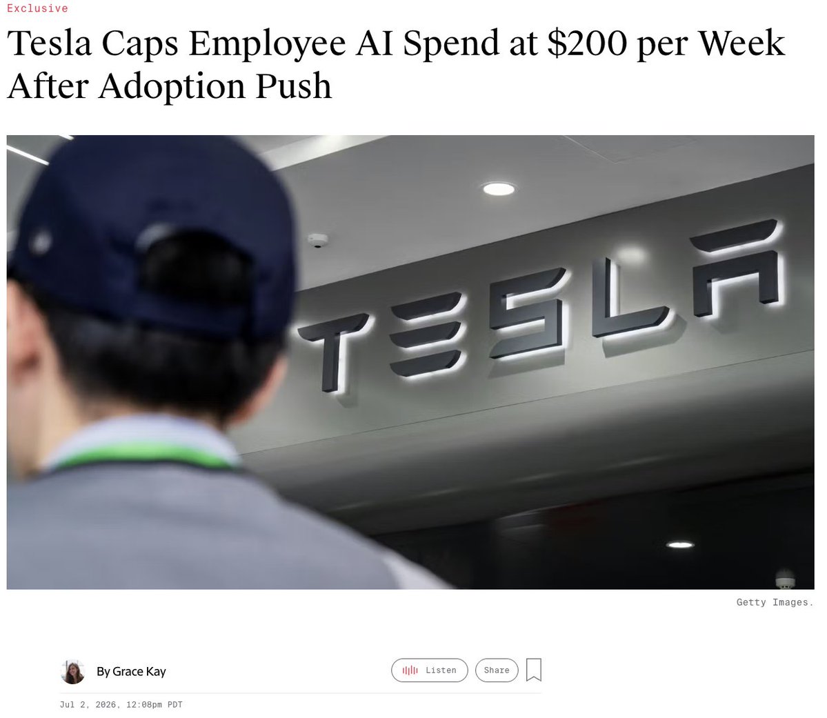 wallstengine's tweet photo. $TSLA reportedly told employees it will cap AI spending at $200 per week starting July 6, per The Information.

Some Tesla software engineers were reportedly using thousands of dollars worth of AI tokens per week.

Employees will need approval to exceed the cap, though beta versions of xAI products are reportedly excluded.