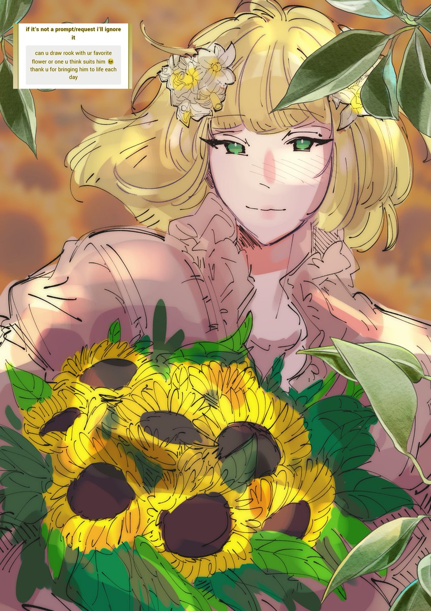 hunterofl0ve's tweet photo. day 19. my favorite flowers are orange blossoms! and sunflowers remind me of rook. both of them are summer flowers to me, so it felt appropriate to draw him with both https://t.co/uaOG1eXg3i